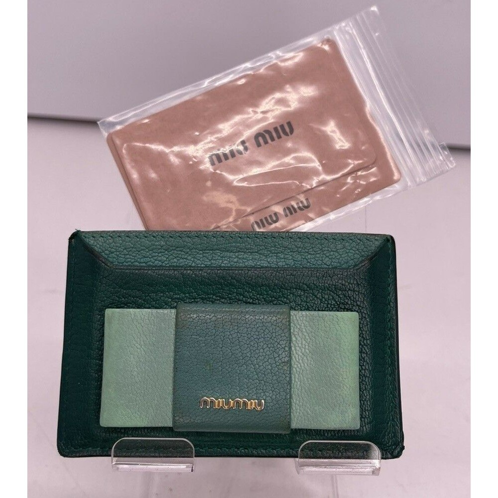 Miu Miu Logo Ribbon Madras Leather Card Case Green – Authentic/34